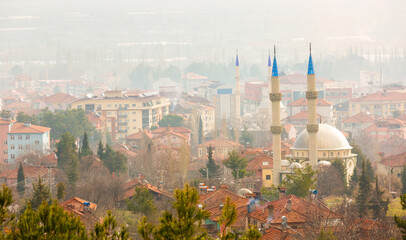 View of Golhisar cityscape in Burdur Province in Mediterranean region of Turkey at hazy day