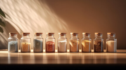 A set of spices in glass jars on a gray uniform background. Oriental spices, assorted spices in flasks. A spicy paprika created in AI. - obrazy, fototapety, plakaty