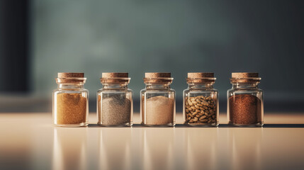 A set of spices in glass jars on a gray uniform background. Oriental spices, assorted spices in flasks. A spicy paprika created in AI. - obrazy, fototapety, plakaty
