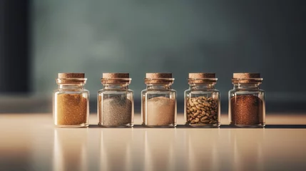 Fotobehang A set of spices in glass jars on a gray uniform background. Oriental spices, assorted spices in flasks. A spicy paprika created in AI. © Ренат Хисматулин
