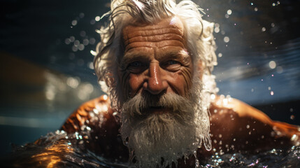 Elderly man takes selfies in water and underwater created with generative AI technology