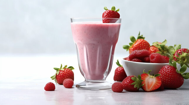 Strawberry smoothie on a white background, isolated. Strawberry smoothie with ice and strawberry pieces. Children's milkshake for children's menu, created in ai.