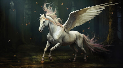 Obraz na płótnie Canvas Mythical creature unicorn. Gorgeous Pegasus with huge wings and a horn in flight. Painted powerful unicorn in all its glory. A horse created in ai.