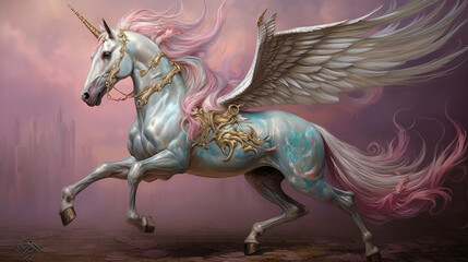Fototapeta na wymiar Mythical creature unicorn. Gorgeous Pegasus with huge wings and a horn in flight. Painted powerful unicorn in all its glory. A horse created in ai.