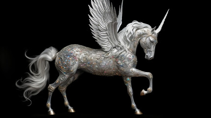 Obraz na płótnie Canvas Mythical creature unicorn. Gorgeous Pegasus with huge wings and a horn in flight. Painted powerful unicorn in all its glory. A horse created in ai.