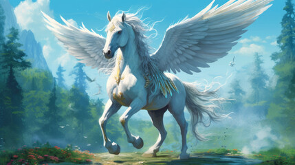Naklejka na ściany i meble Mythical creature unicorn. Gorgeous Pegasus with huge wings and a horn in flight. Painted powerful unicorn in all its glory. A horse created in ai.