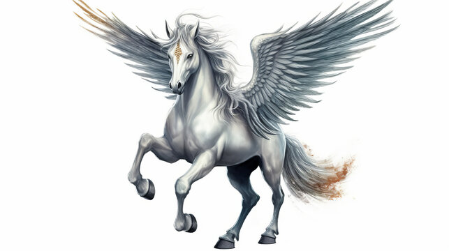 Mythical creature unicorn. Gorgeous Pegasus with huge wings and a horn in flight. Painted powerful unicorn in all its glory. A horse created in ai.