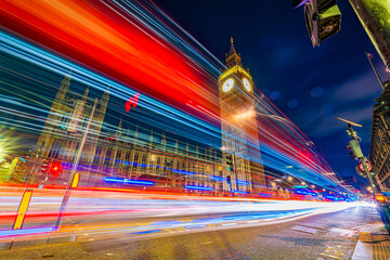 Big Ben at night with light trails. 