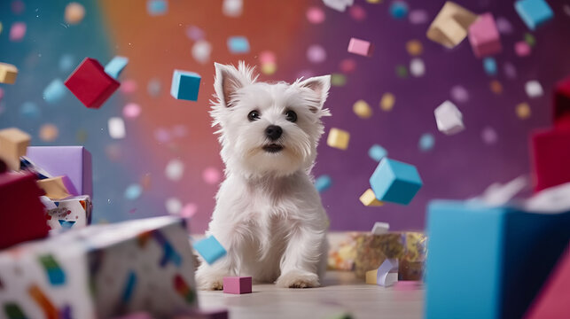 Cute little purebred puppy in a gift box. A long-awaited gift for a child, the best friend of any kid. A pet created in AI.