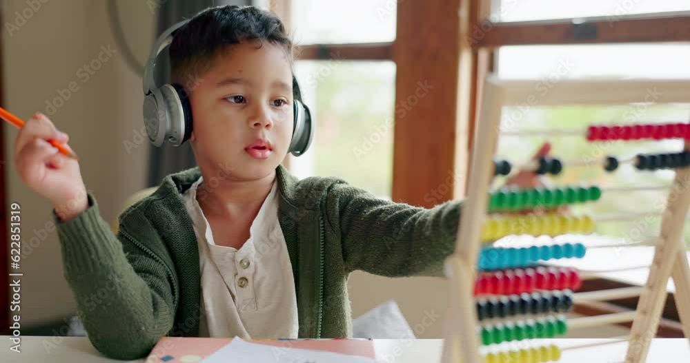 Poster abacus, math homework or child in kindergarten studying for knowledge, education or growth developme