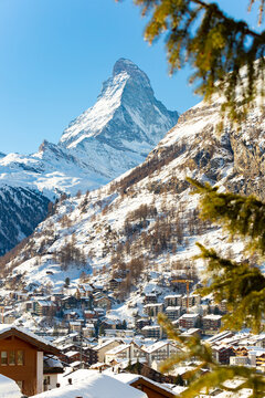 World famous mountain peak Matterhorn above Zermatt town Switzerland, in winter
