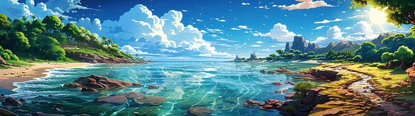 Cartoon summer beach. Paradise nature vacation, ocean or sea seashore. Seaside landscape background illustration - AI generated

