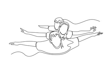 Single one line drawing Happy free people flying, floating and jumping in air. Freedom concept. Continuous line draw design graphic vector illustration.