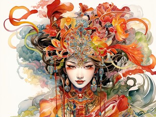 abstract pastel and watercolor illustration of a chinese woman in traditional wedding dress and floral headdress, close up portrait, orange, colorful, generative AI