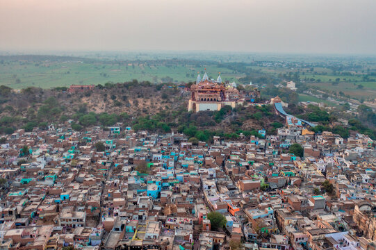 Aerial view of Shri Raas Bihari Temple during the Holy colour festival in Barsana, Uttar Pradesh, India.
