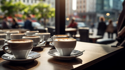Coffee Break  Concept. Cups of hot coffee on table