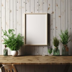 mockup frame, A vintage wooden frame graces an aged table, its charm enhanced by a neighboring bouquet of aromatic green herbs. Generative AI