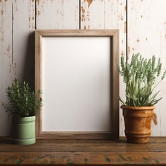mockup frame, An arrangement of a rustic wooden frame, beautifully contrasted by a fresh bunch of verdant herbs on a timeworn wooden table. Generative AI