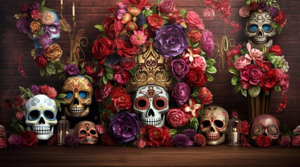 Festive Remembrance: Flowers and Skulls in Day of the Dead Celebration, Mexico