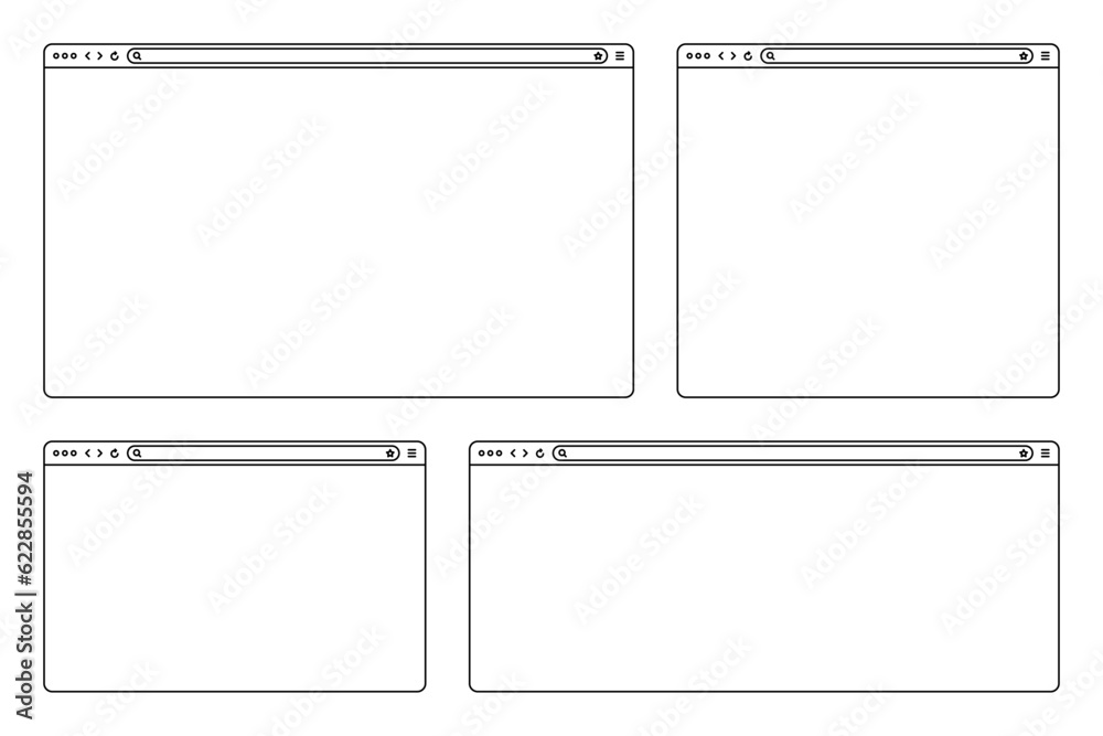 Poster blank web browser, internet page window with toolbar and search field. modern website in flat style,