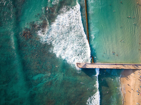 Aerial View of Waikiki Walkway in Queens Beach, Honolulu, Hawaii, United States.