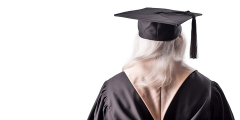 A respectable elderly professor in a square academic cap and study gown, viewed from the back in close-up and on an isolated background. Generative AI