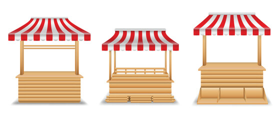 realistic market stall wooden kiosk or market stall with striped awning isolated. 3d illustration