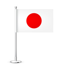 Realistic Japanese table flag on a chrome steel pole. Souvenir from Japan. Desk flag made of paper or fabric and shiny metal stand. Mockup for promotion and advertising. Vector illustration
