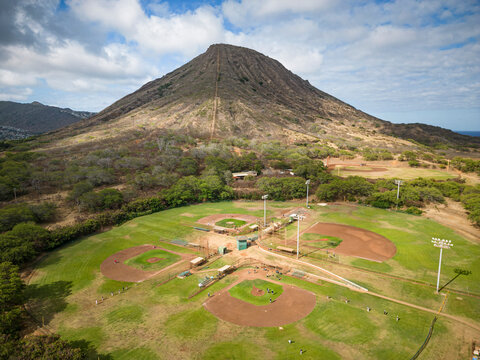 Aerial View of Pinto Field baseball fields in the Koko Head District Park, Honolulu, Hawaii, United States.