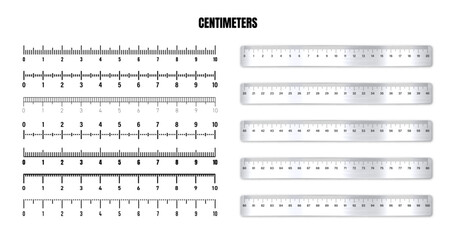 Realistic metal rulers with black centimeter scale for measuring length or height. Various measurement scales with divisions. Ruler, tape measure marks, size indicators. Vector illustration