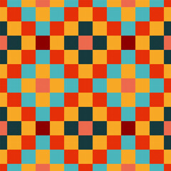 Bright seamless pixel pattern in Mexican style. Vivid tribal geometric triangles and squares ornament. Aztec rug background.