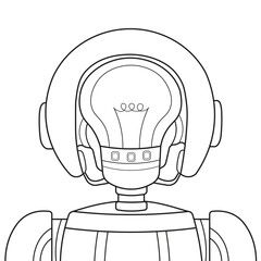 AI or artificial intelligence robot with a bright yellow light bulb head. Robotic brain thinking and ideas concept.