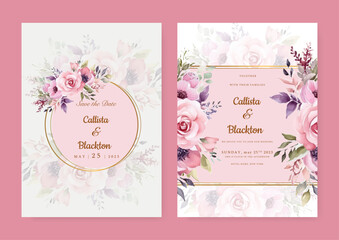 Floral wedding invitation template set with elegant brown leaves decoration. Botanic card design concept