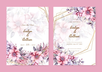 wedding invitation set with pink flower garden watercolor