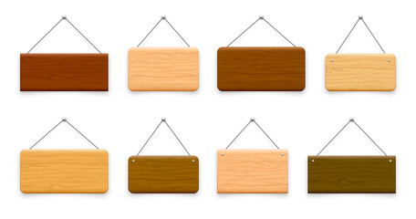 Wooden hanging signboards. Made of wood door sign for cafe, restaurant, bar or retail store. Announcement banner, information signage for business or service. Vector illustration