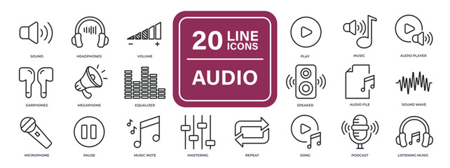 Audio line icons. Editable stroke. For website marketing design, logo, app, template, ui, etc. Vector illustration.