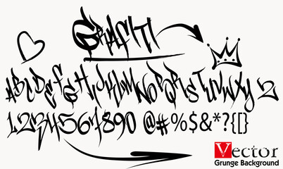 Brush painted Alphabet characters  typography,Spray graffiti tagging font and signs. crown, heart, star, arrow, dot, quotation mark, number © Sukman