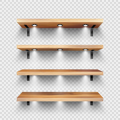 Realistic wooden store shelves with wall mount and lighting, spotlights. Empty product shelf, grocery wall rack. Mall and supermarket furniture, bookshelf. Interior design. Vector illustration - obrazy, fototapety, plakaty