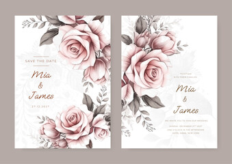 Elegant wedding invitation card template set with watercolor and floral decoration.