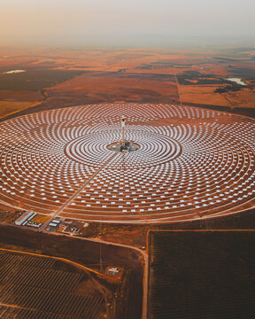 Aerial view of a big circular solar plant in Andalusia near Seville, Spain.