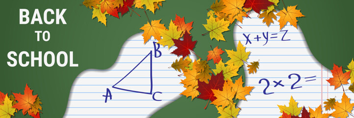Back to school, education autumn style vector banner template. Background with colorful autumn leaves and drawings