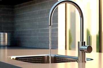 Close-up of a kitchen faucet with running water. Modern kitchen interior design concept. AI generated, human enhanced