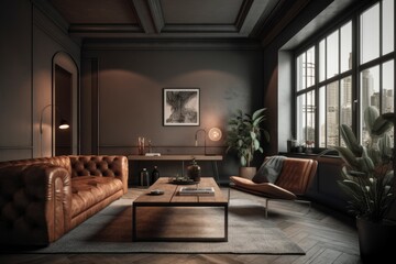 Style loft interior with leather armchair. AI generated, human enhanced