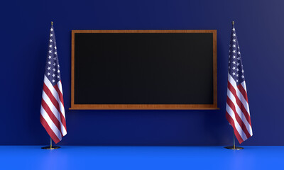 chalkboard black color empty blank wooden united state of america flag star red blue color...