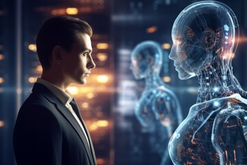 The man opposite the AI. The concept of confrontation between humanity and artificial intelligence