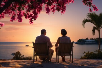 Fototapeta na wymiar An elderly couple of pensioners spend time together relaxing on sun loungers