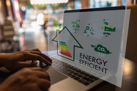 Energy Efficiency Mobile App On Screen Man Saving Energy Diagram Cost Economy Calculator Money Industry On Computer Concept Ecology Sustainable