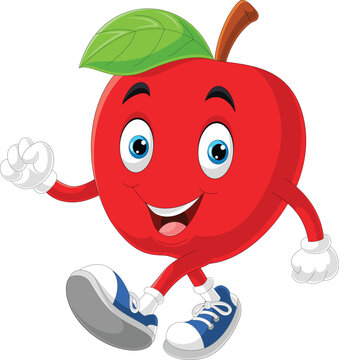 Cartoon cute red apple walking
