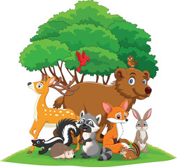 Cartoon funny wild animals near the tree