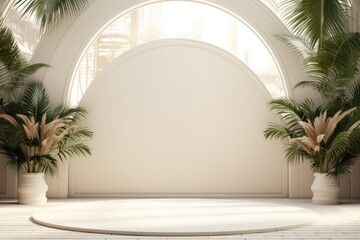 Fototapeta premium Abstract white studio background for product presentation. Empty room with shadows from windows and flowers and palm leaves. 3D room with copy space. Ai generative